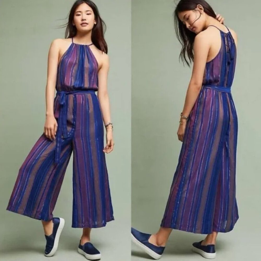 Anthropologie Blue & Purple Striped Halter Jumpsuit